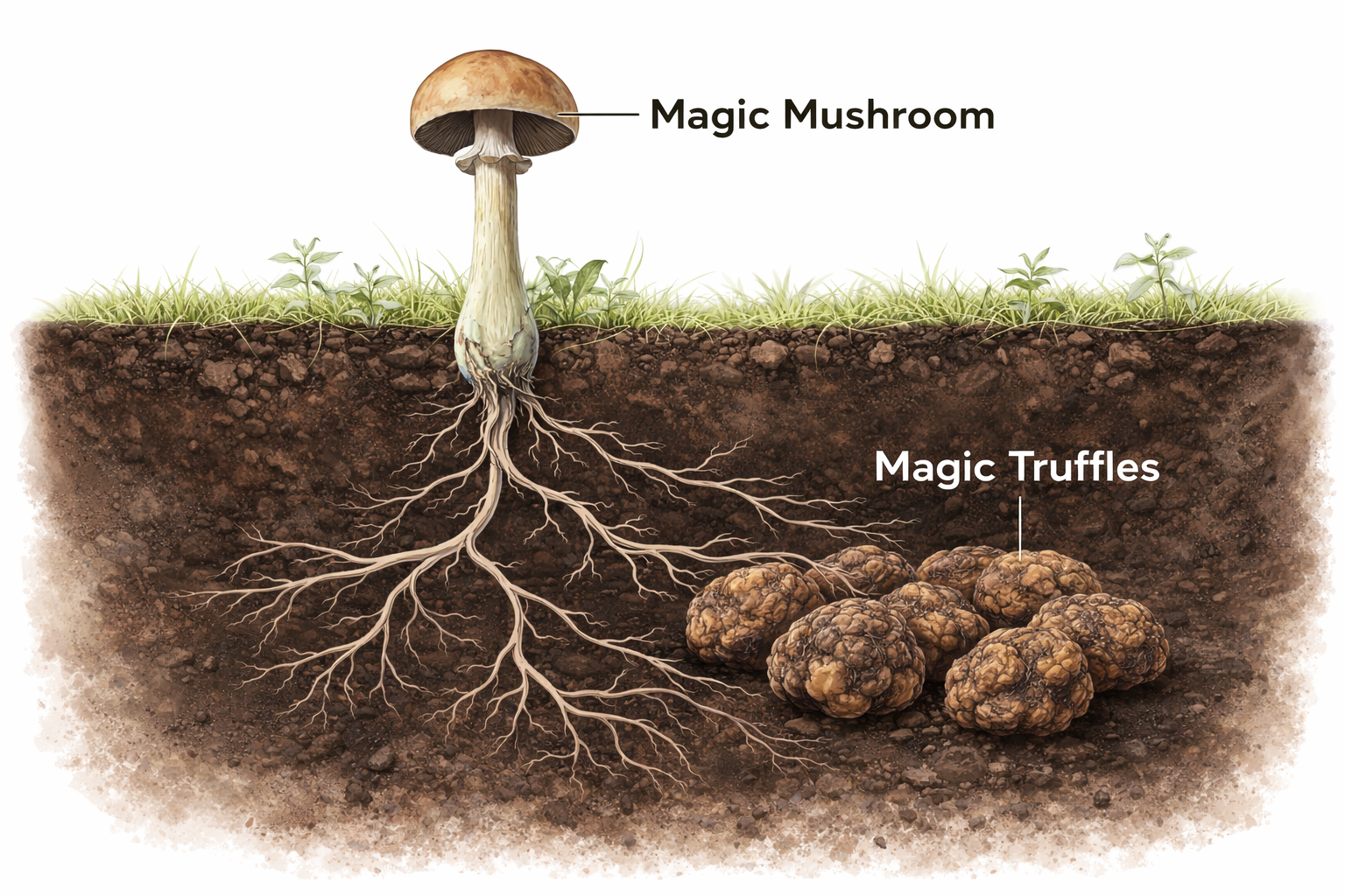 Pilze und Trüffel unter und über der Erde